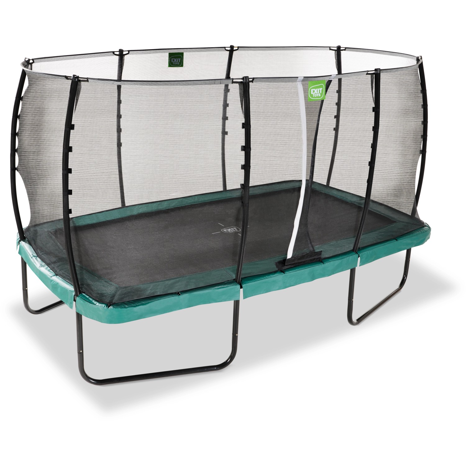 Rechteckiges, grünes EXIT Allure Classic Gartentrampolin 244x427 cm mit Sicherheitsnetz.