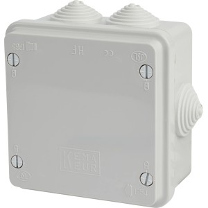 Grauer Abzweigkasten Aufputz, 80x80mm, IP54, mit sechs Anschlussmöglichkeiten.