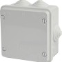 Grauer Abzweigkasten Aufputz, 80x80mm, IP54, mit sechs Anschlussmöglichkeiten.