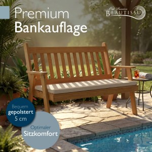 Beige Beautissu Outdoor Bankauflage 100x48x5cm auf Holzbank am Pool. Wetterfestes Sitzkissen für Garten & Terrasse.