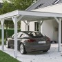 Weißer Skan Holz Carport Grunewald mit EPDM-Dach und Auto. Einzelcarport aus Holz.