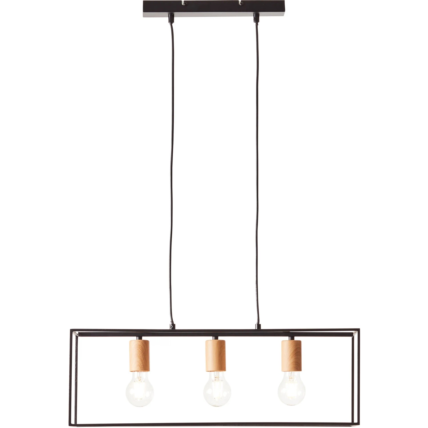 Schwarze Brilliant Pendelleuchte Arica mit drei Holzfarbenen Fassungen für E27 Leuchtmittel.