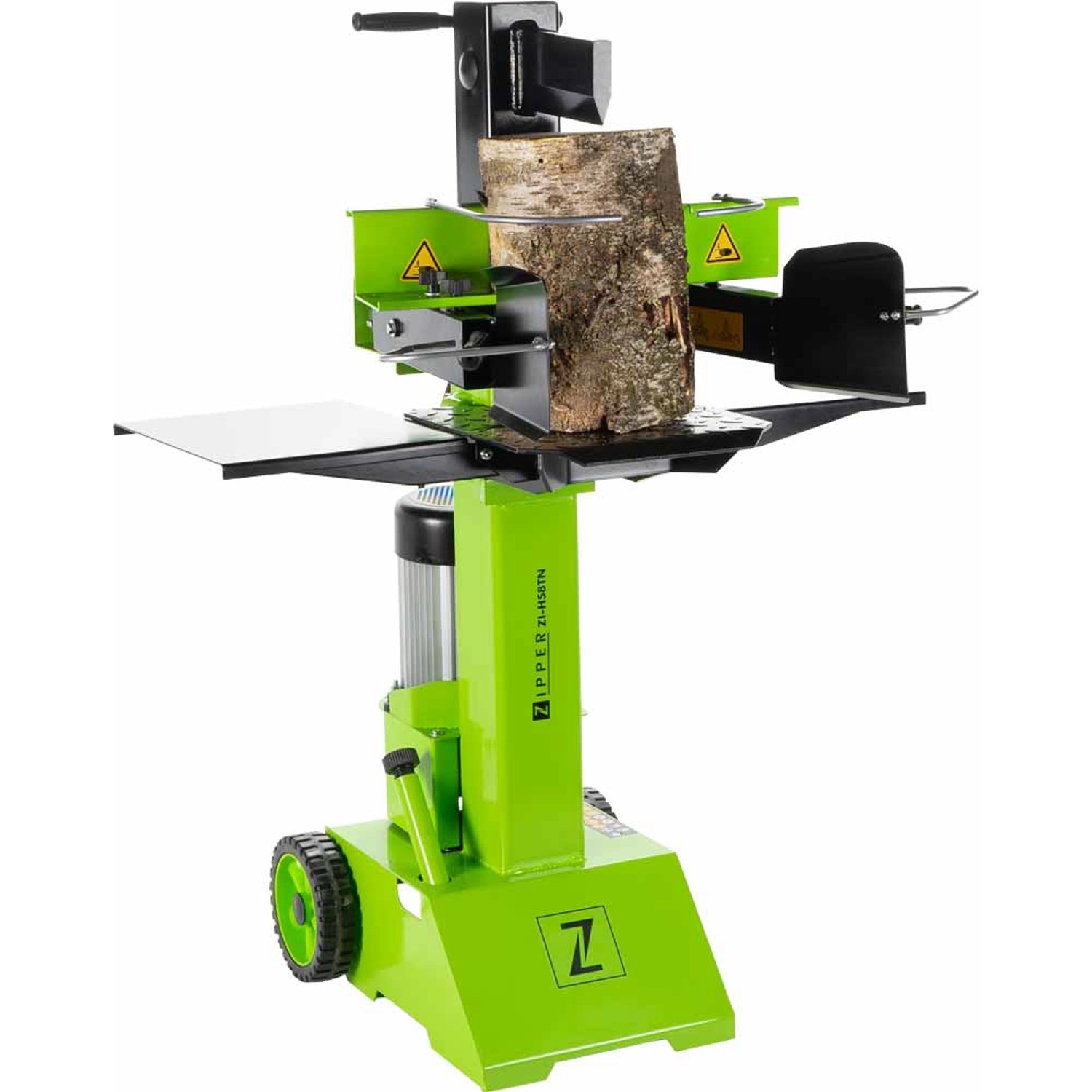 Zipper Holzspalter HS8TN: Vertikaler Holzspalter in Grün mit Holzstück zum Spalten.