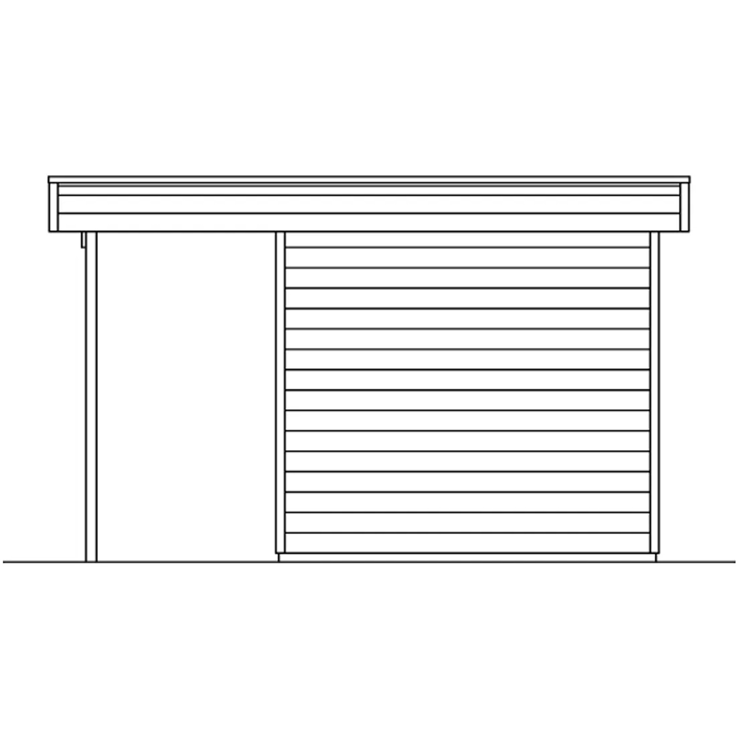 Skizze: Skan Holz Gartenhaus Venlo 2, schiefergrau, 380x250 cm, mit Anbau.