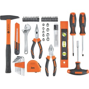 OBI Basic Werkzeug-Set, 57-teilig mit Hammer, Zangen, Schraubendrehern, Bits und weiterem Zubehör.