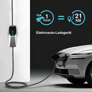 Junsun 11kW EV Ladegerät lädt ein Elektroauto. Silberne Wallbox, schwarzes Kabel, 16A/1h/21km Anzeige.