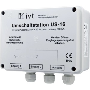 IVT Umschaltstation US-16 für Solaranlagen, 16 A, 230 V, mit Eingängen und Ausgängen in grauem Gehäuse.