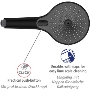 Wenko Duschkopf Ultimate Shower, schwarz/grau, Ø 13 cm, mit verschiedenen Strahlfunktionen und Antikalk-Noppen.