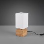 Moderne Tischlampe Woody mit Holzfuß und weißem Stoffschirm, 30x12x12 cm.