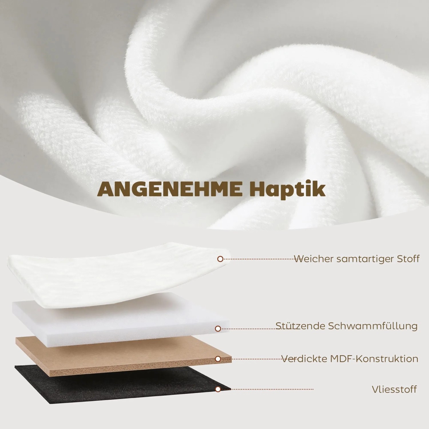 Materialschichten der HOMCOM Sitzbank: cremeweißer Samtstoff, Schaumstoff, MDF. Zeigt die Polsterung für hohen Sitzkomfort.