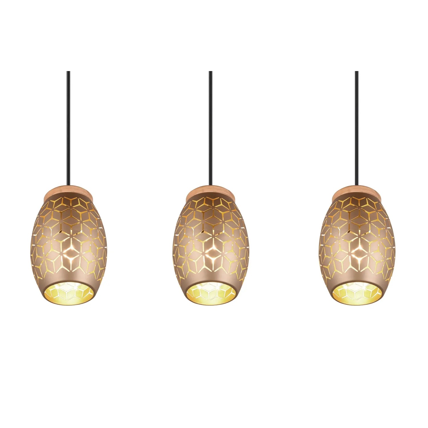 Dreiflammige Pendelleuchte Bidar in Coffee mit Holzdetails, moderne Hängelampe für Wohnräume.