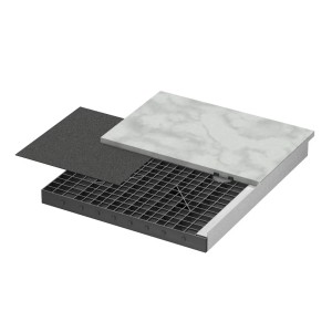 Boden-Gitterrost Wabe 600x600 mm mit Terrassenplatten für Doppelboden im Außenbereich.