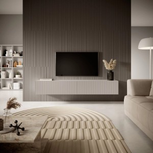 Selsey Veldio TV-Hängeboard in Greige mit Lamellenfront, wandmontiert, im modernen Wohnzimmer. Eleganter TV-Schrank.