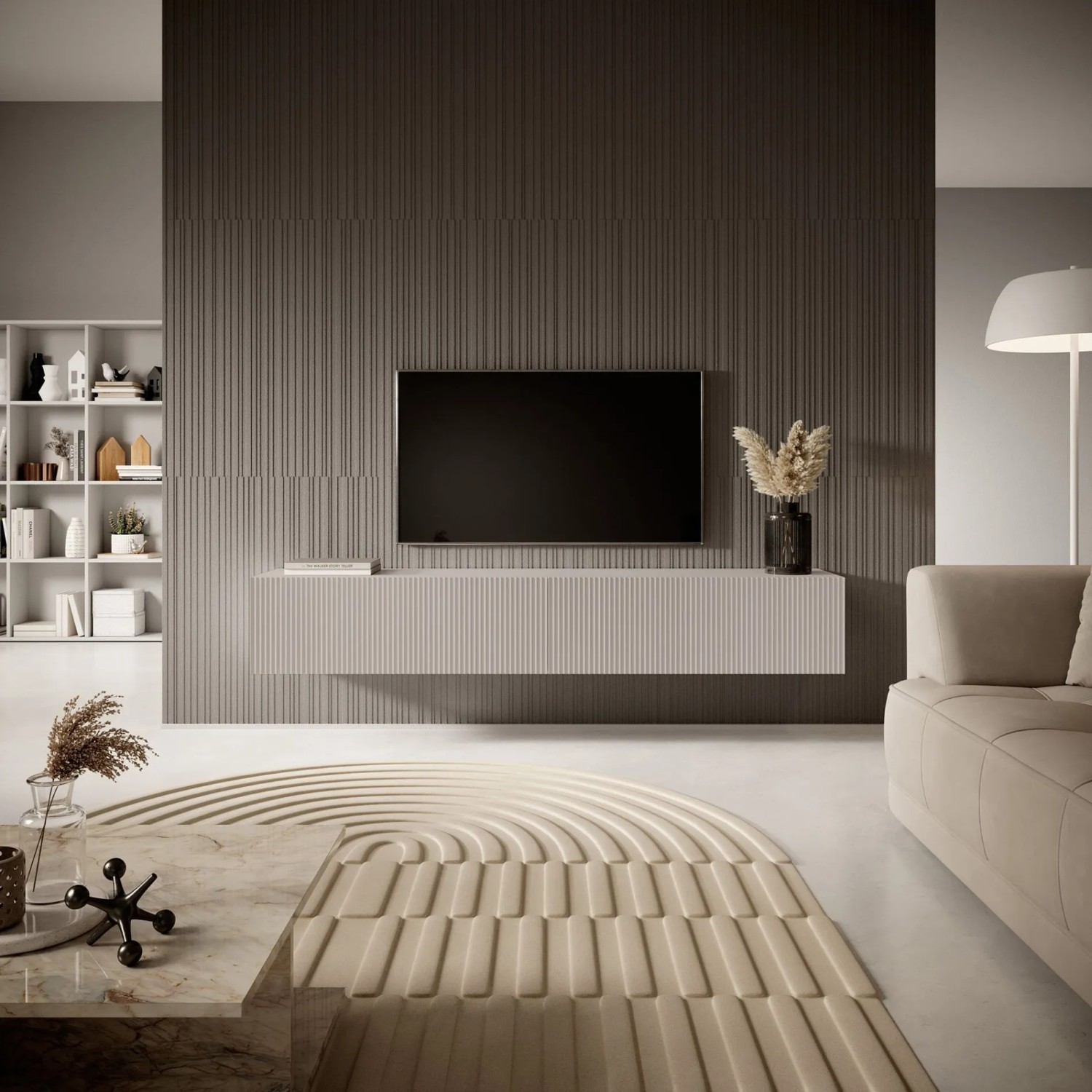 Selsey Veldio TV-Hängeboard in Greige mit Lamellenfront, wandmontiert, im modernen Wohnzimmer. Eleganter TV-Schrank.