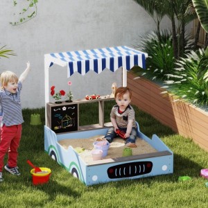 AIYAPLAY Sandkasten in Blau, Auto-Design, mit gestreifter Markise und Kindern im Garten spielend.