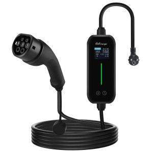Schwarzes Junsun Typ 2 EV Ladekabel mit Haushaltsstecker, Steuerbox und 5m Kabel für Elektrofahrzeuge.