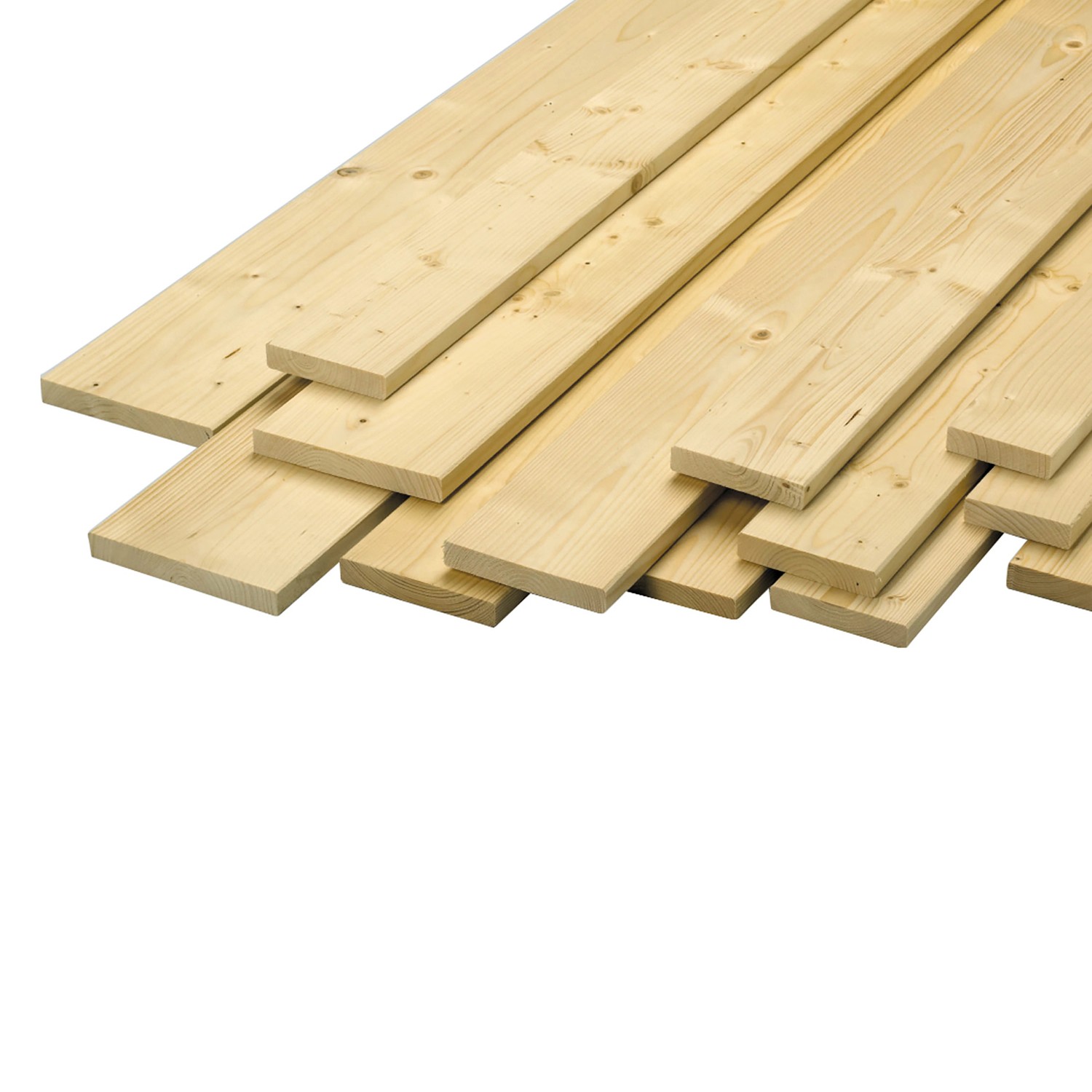 Stapel Glattkantbretter aus Fichte/Tanne, gehobelt und gefast, für Innen- und Außenbereich.
