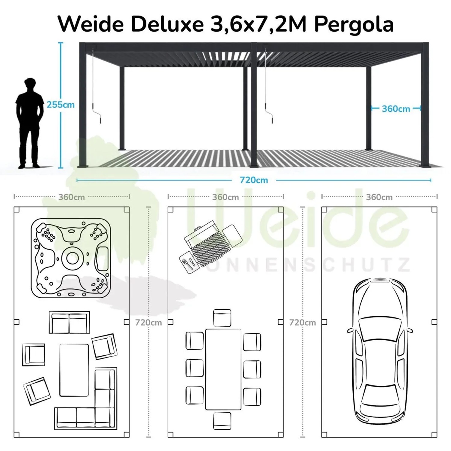 Weide Elektrische Pergola Deluxe 3,6x7,2m aus Aluminium mit verstellbarem Lamellendach; Nutzungsideen für Terrasse.