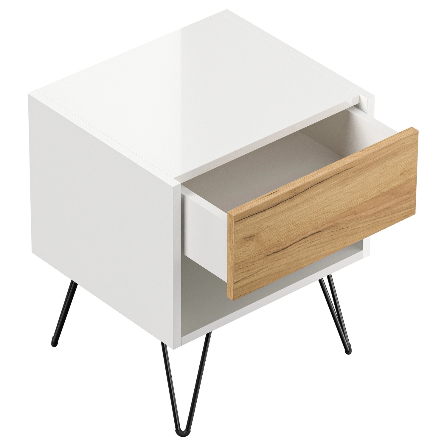 Posseik Nachttisch-Set Industrial B, 2-teilig, weiß/Eiche, Schublade offen, Metallfüße.