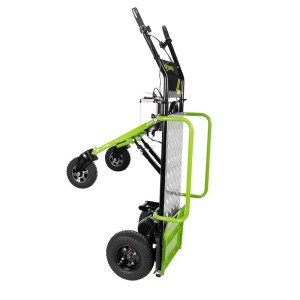 Grüne elektrische Zipper Sackrodel ZI-ET260 mit schwarzen Rädern und robuster Ladeplattform für Baumaschinen.