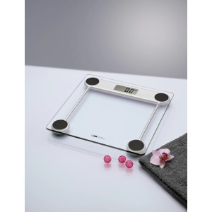 Transparente Clatronic Personenwaage PW 3368 mit LCD-Display und Glasoberfläche.