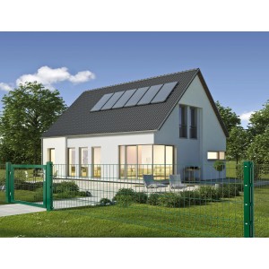 Grüner Doppelstabmattenzaun (83x201 cm) vor einem Haus. Gartenzaun aus Metall.