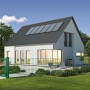 Grüner Doppelstabmattenzaun (83x201 cm) vor einem Haus. Gartenzaun aus Metall.