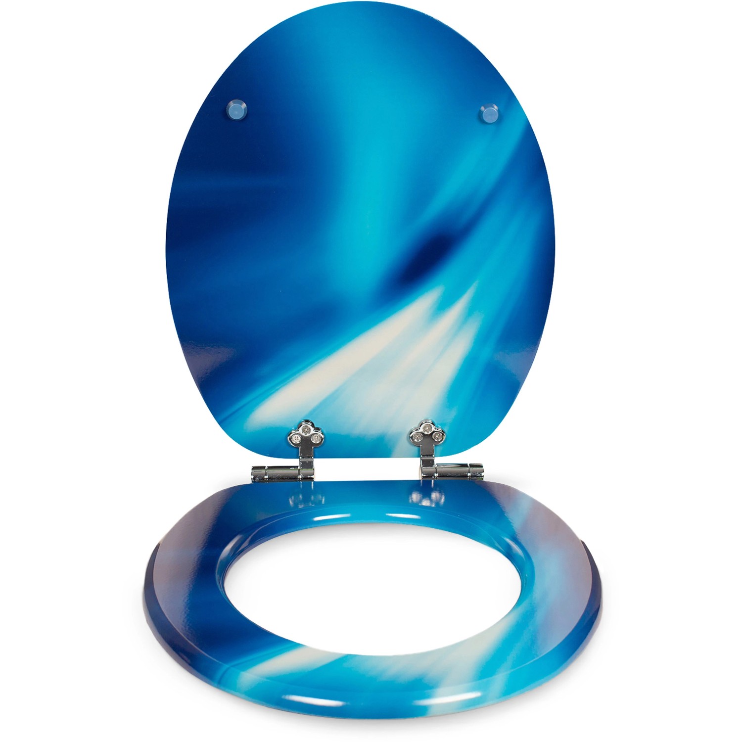 Sanfino WC-Sitz Wave mit Absenkautomatik, blaues Holzdesign für Standard WCs.