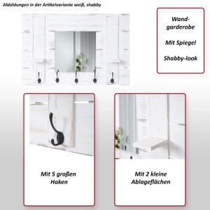 Wandgarderobe mit Spiegel, dunkelgrau, Shabby-Look, mit 5 Haken und 2 Ablagen.