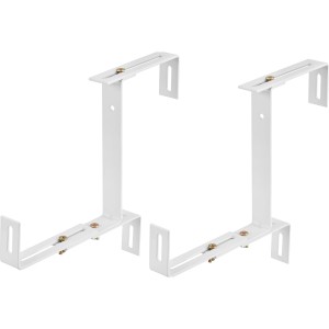 Zwei weiße, verstellbare Balkonkastenhalter aus Stahl für die Montage am Balkon.