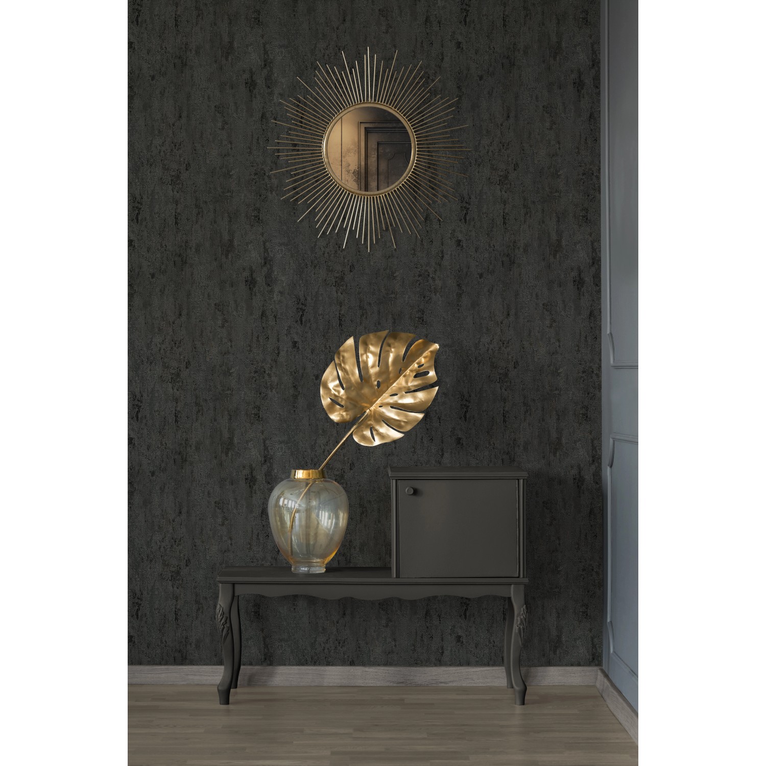 Vliestapete Trendwall 2 Uni schwarz-grau glänzend an Wand mit Deko.