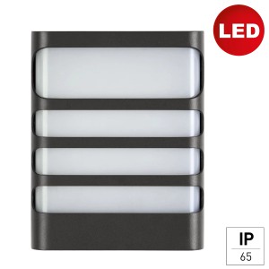 Anthrazitfarbene E2 Elektro LED Außenwandleuchte Vega, 20 cm, mit vier Lichtelementen.
