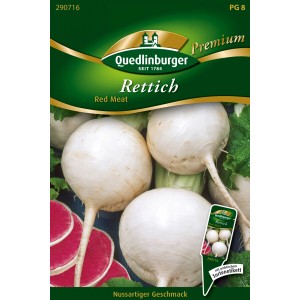 Quedlinburger Rettich 'Red Meat' Samen: Weißer Rettich mit rotem Fruchtfleisch auf der Packung.