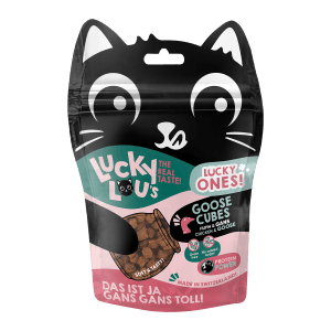 Lucky Lou Katzen-Trockenfutter Cubes Huhn & Gans, 80g Packung im Katzen-Design.