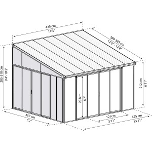 Technische Zeichnung: Palram Canopia SanRemo 4 x 4.25 Wintergarten in Anthrazit mit Maßangaben.