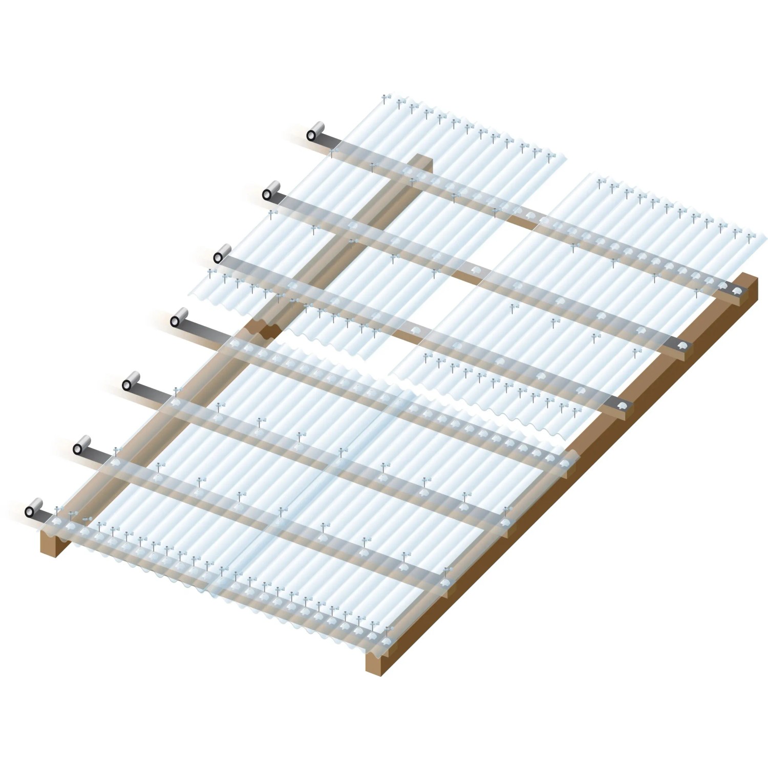 Transparente PVC Profilplatte Sinus 76/18 (2500x900mm) auf Holzkonstruktion befestigt.