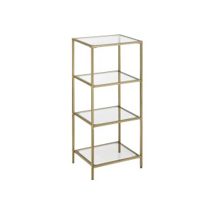 Vasagle Standregal mit 4 Glasablagen und goldenem Metallrahmen.
