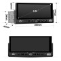 Junsun 1 DIN Autoradio mit ausfahrbarem 7 Zoll Touchscreen Display. Schwarzes Gehäuse, Bedienelemente, USB-Anschluss und Maße.
