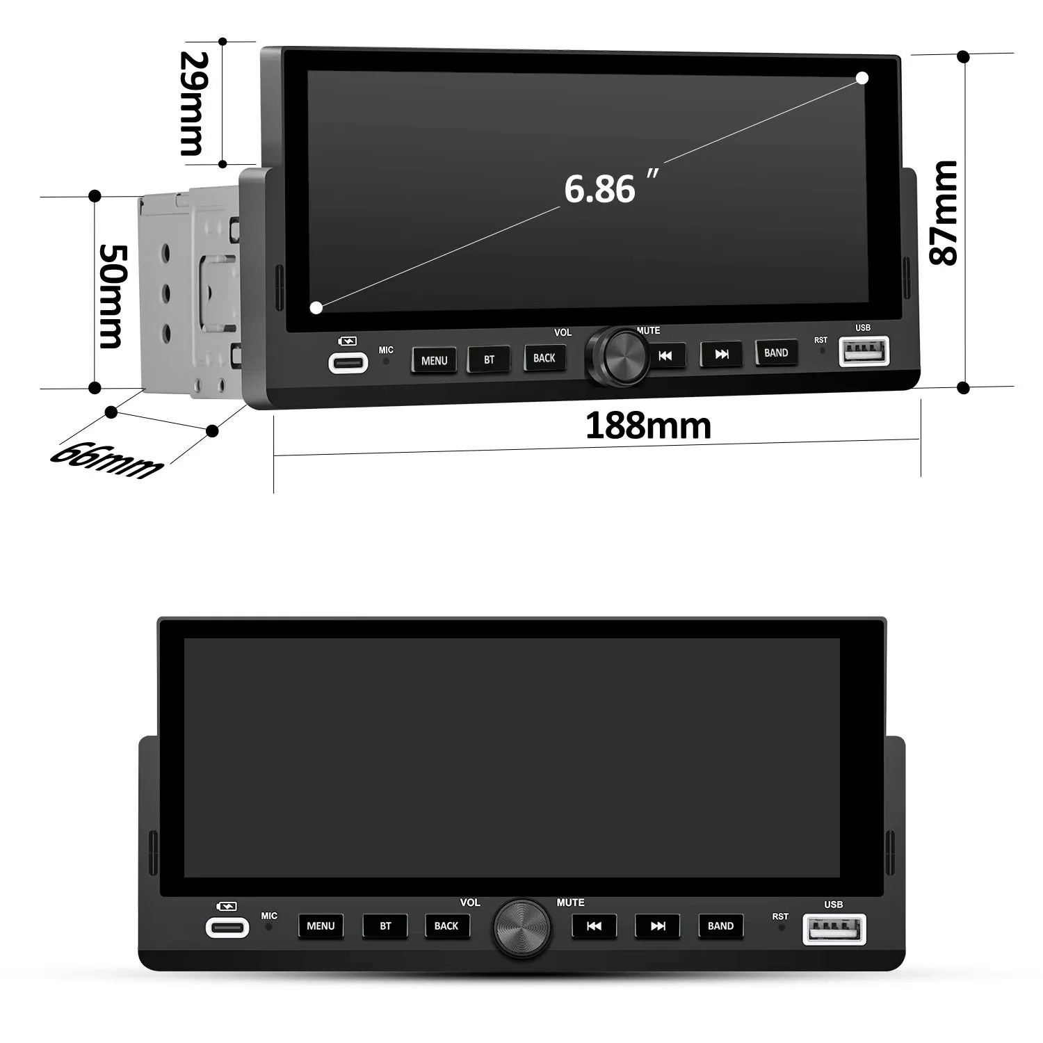 Junsun 1 DIN Autoradio mit ausfahrbarem 7 Zoll Touchscreen Display. Schwarzes Gehäuse, Bedienelemente, USB-Anschluss und Maße.