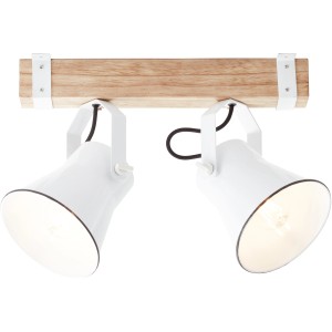 Weiße Brilliant Wandlampe Plow mit zwei E27 Fassungen und hellem Holzsockel.