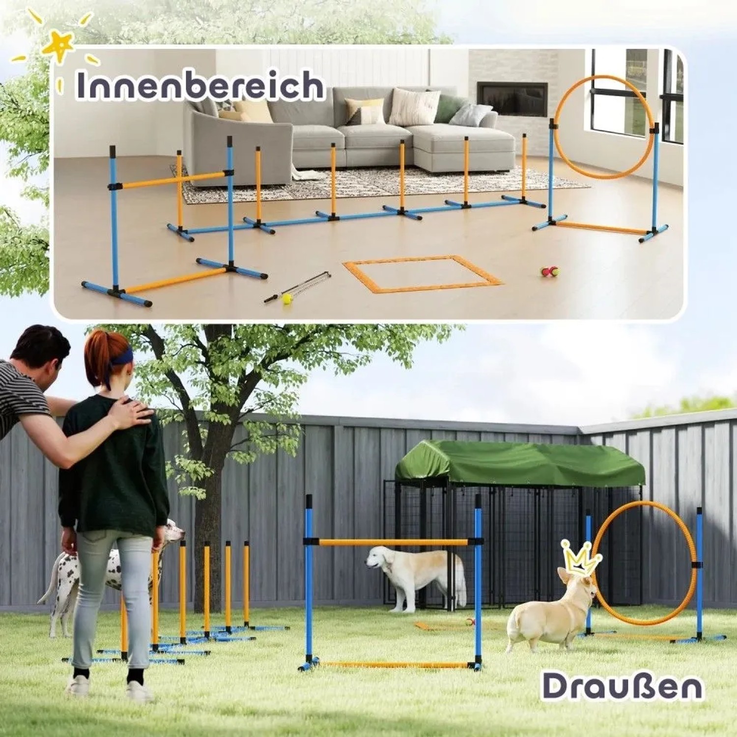 PawHut Hund Agility Set in Blau Orange mit Hürden, Slalomstangen und Reifen, drinnen und draußen im Einsatz für Hundetraining.