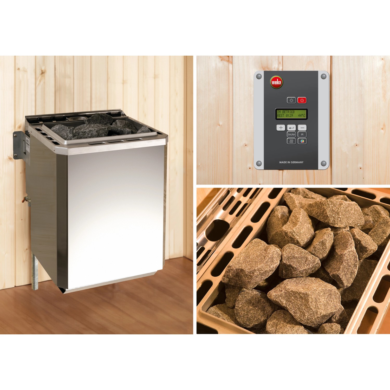 Weka Elementsauna Varberg Sparset: Saunaofen, Steuerung und Saunasteine im Detail.