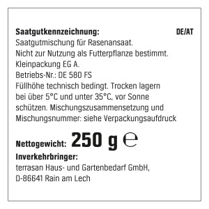 Informationen zur OBI Nachsaat-Rasen 250g Verpackung mit Saatgutkennzeichnung und Nettogewicht.