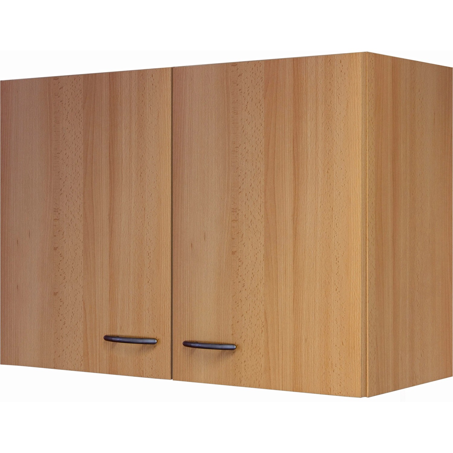 Flex-Well Küchen-Hängeschrank Nano, 80 cm, Buche Nachbildung mit zwei Türen und Edelstahlgriffen.