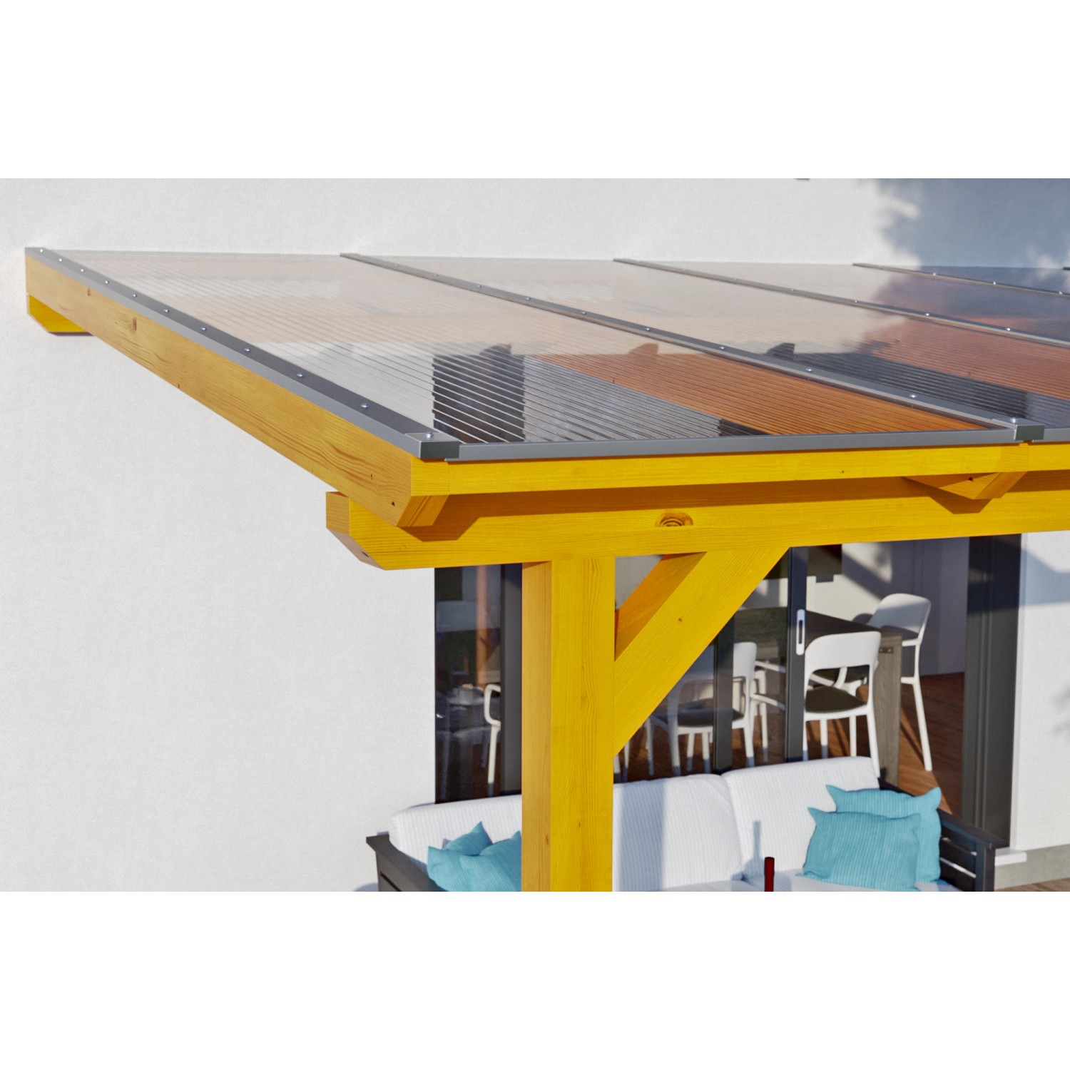 Skan Holz Terrassenüberdachung Bormio, Eiche Hell, mit klarer Polycarbonat-Dacheindeckung.