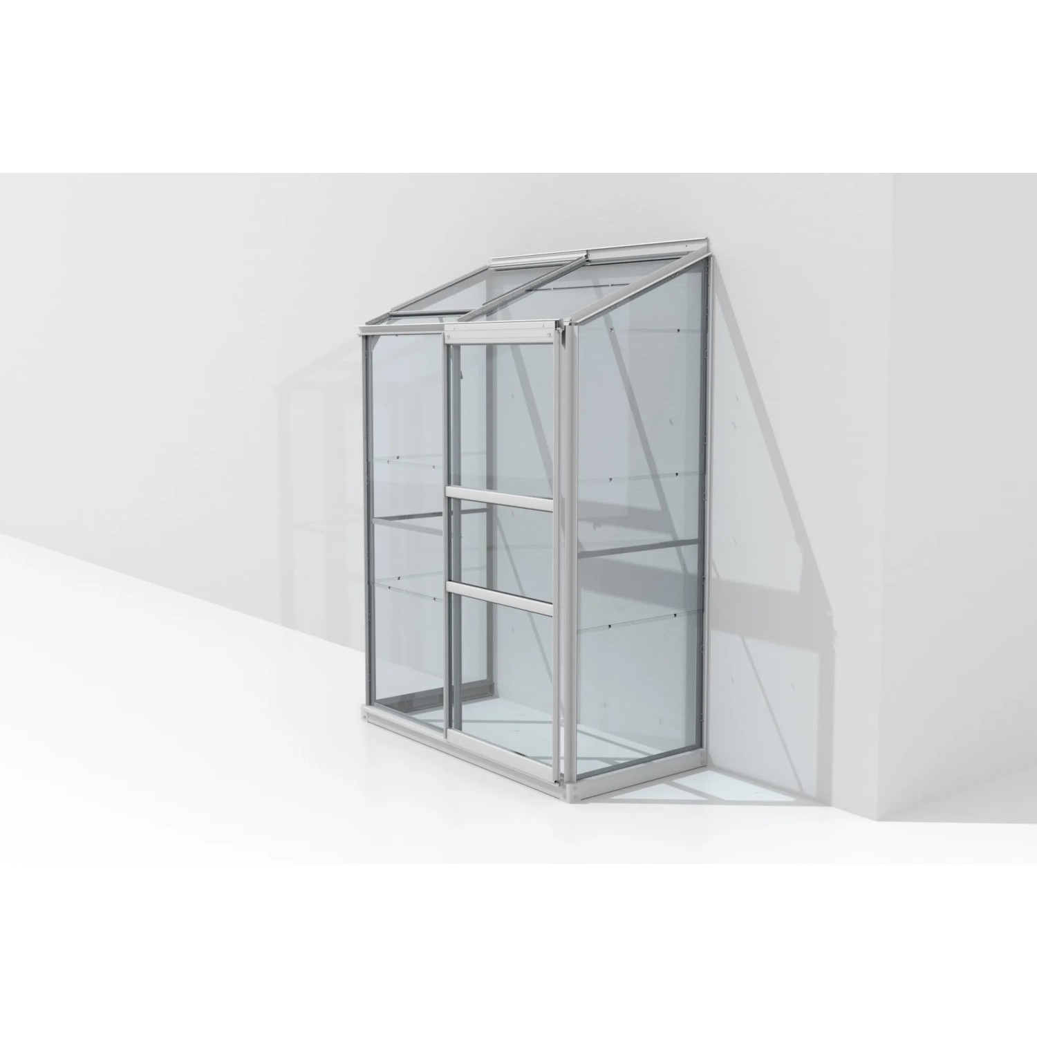 Vitavia Anlehngewächshaus Ida 900 mit ESG Glas und Aluminiumrahmen, an einer Wand montiert.