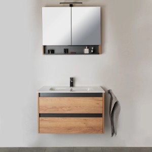Modernes 3-teiliges Badmöbel-Set Cleo in Holzoptik und Anthrazit mit Waschbecken, Unterschrank und Spiegelschrank.
