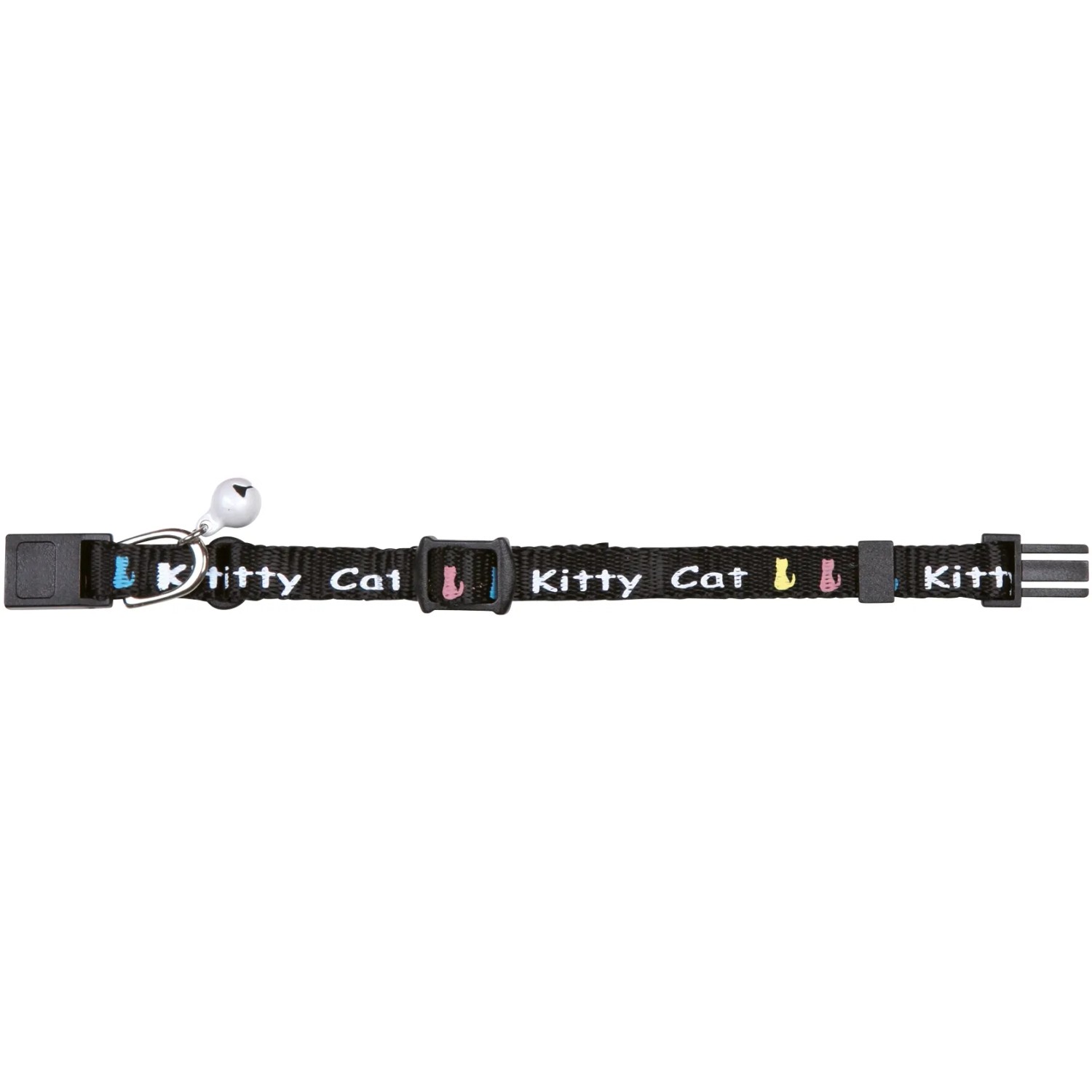 Schwarzes Jollypaw Kätzchenhalsband aus Nylon mit Glöckchen und Katzenmotiven.