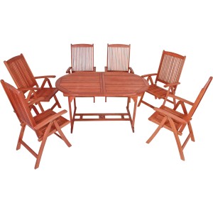 7-teilige Gartenmöbel-Gruppe Stockholm aus Eukalyptusholz mit Ausziehtisch und klappbaren Hochlehnern.