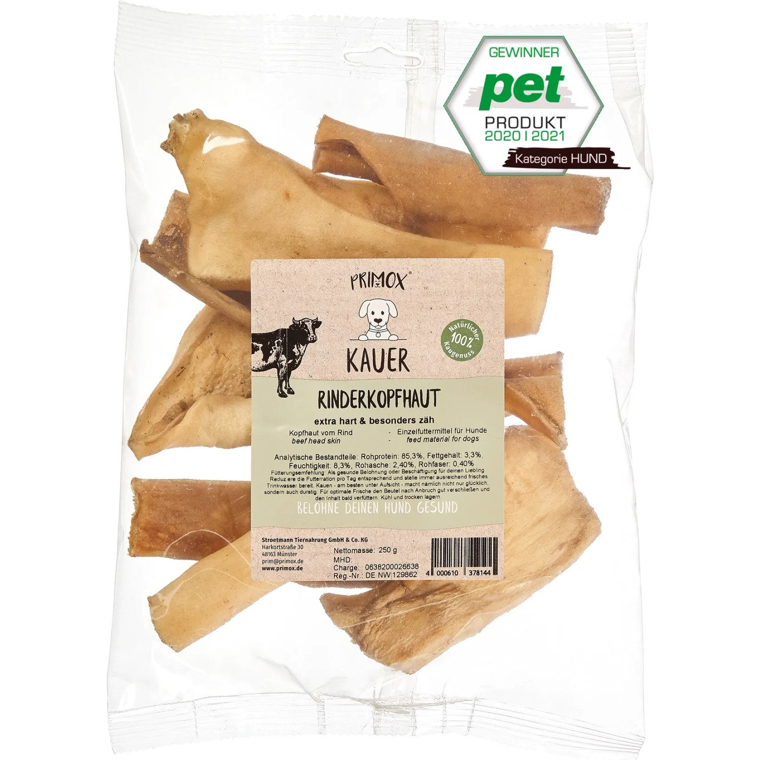 Primox Kauer Klassik Rinderkopfhaut, 250g, extra harter Hunde-Snack für langes Kauvergnügen.
